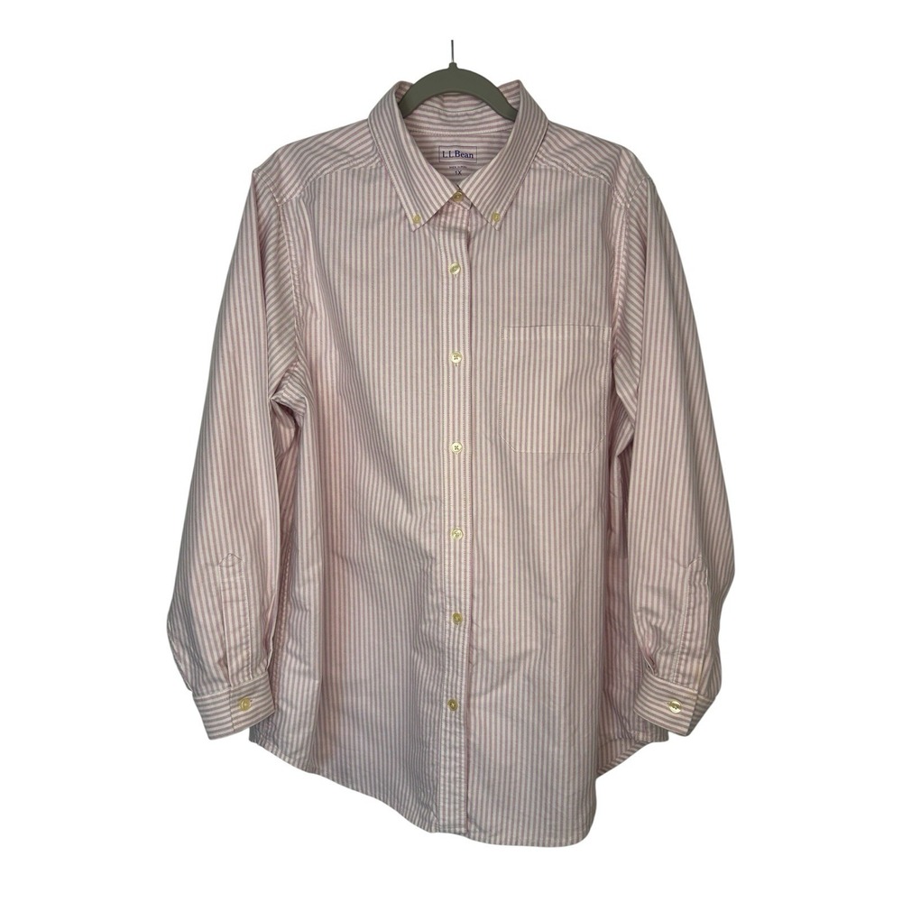L.L.Bean Women's 1X Pink White Striped Cotton Oxford Button Down Shirt